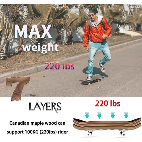 One Funxim Standard Skateboard for Kids 31 x 8 Inch 4 Wheels 7 Layer Maple - Picture 7 of 7